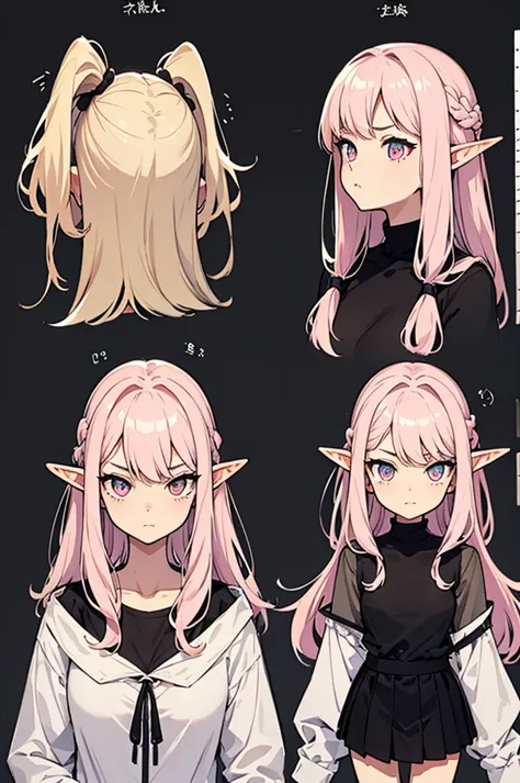  black background with spotlights, improve, Gal、  pointed ears、Elf、Wavy Hair、Braided Disheveled Hair ,  hair ornament、Half-up ponytail,Pink Hair,  beige cardigan ,  check skirt, medium breast,sketch ( character design sheet ,Nihilistic face, Mean face、same...