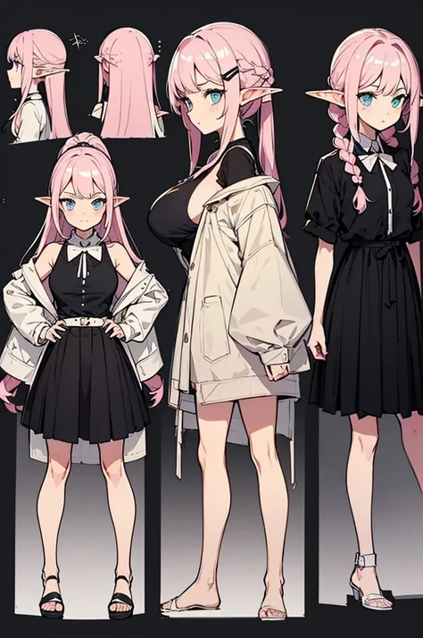  black background with spotlights, improve, Gal、  pointed ears、Elf、Wavy Hair、Braided Disheveled Hair ,  hair ornament、Half-up ponytail,Pink Hair,  beige cardigan ,  check skirt, medium breast,sketch ( character design sheet ,Nihilistic face, Mean face、same...