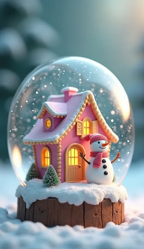  snow globe with a snowman next door、Pink gold house inside a 