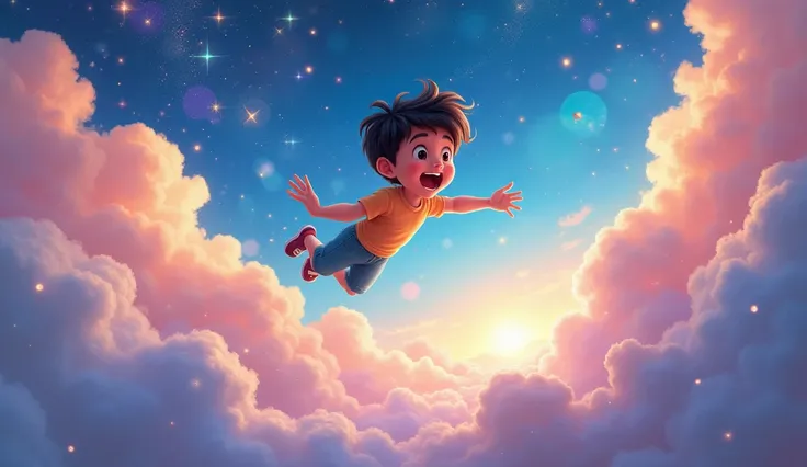 A magical dream world full of vibrant colors. Floating stars, soft clouds, and sparkles in the background. Chintu is seen floating or exploring with a surprised yet happy expression on his face. In boy
