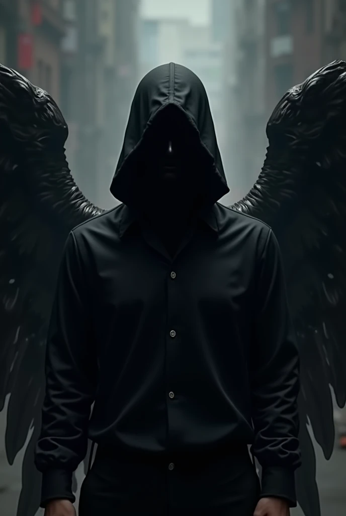  Game character with a black shirt with an angelic cause with a black mask