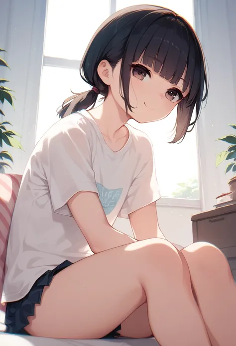 (masterpiece), best quality, 1 cute girl , short black hair, straight hair, straight bangs, fringe, low ponytail, brown eyes, flat chest, white t-shirt, sexy legs, on her room