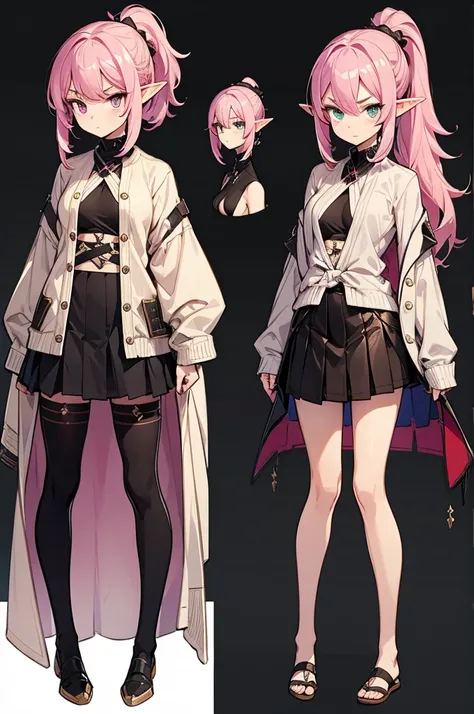  black background with spotlights, improve, Gal、  pointed ears、Elf、Wavy Hair、Braided Disheveled Hair ,  hair ornament、Half-up ponytail,Pink Hair,  beige cardigan ,  check skirt, medium breast,sketch ( character design sheet ,Nihilistic face, Mean face、same...