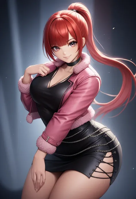 ((masterpiece,best quality)), absurdres, Shermie, solo, smiling, looking at viewer, cowboy shot, cinematic composition, dynamic pose, Long red hair, ponytail, eyes hidden by bangs, pink jacket, black bodycon, black mini skirt, slit skirt, black choker, bla...