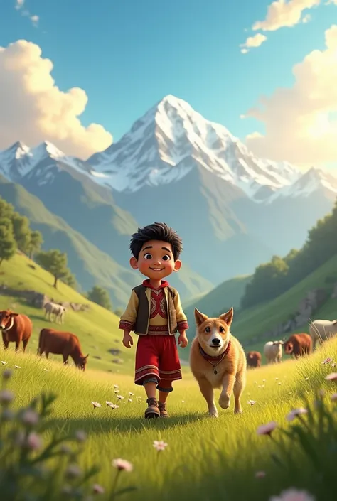  I want an animated image for elementary school ren according to this story :  A BOY FROM THE HIGHLANDS OF PERU WITH HIS BEAUTIFUL DOG, GRAZING COWS AND SHEEP IN THE PERUVIAN ANDES HAPPY 
