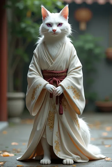 Tabaxi Monk 6.3 feet tall with white fur and dark purple eyes. Dressed in kimono