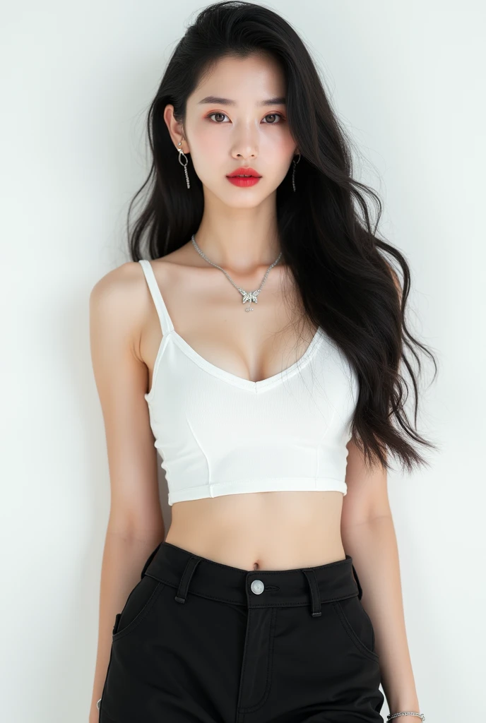 Realistic korean girl, Black hair, Red lips,  White crop top, Skinny, Black cargo pants, White shoes, Hazel eyes, Realistic White background, Model, Earrings, Dimple piercing, 4K, butterfly necklace, Bracelet, 