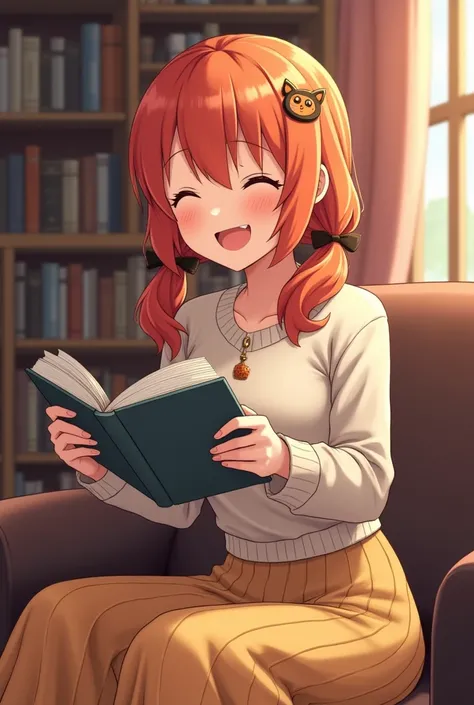  1 woman,  low twin tails,  orange hair, Cat Hair Clip,  show your teeth and smile , happiness/joy, Laughing/ good laugh,knit，long skirt，in the library，reading book