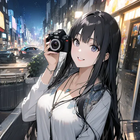  smile、 long hair、 black hair、Height: 156cm、 holding a camera in your hand、 adult-like clothes in Shinjuku、
Beautiful breasts、small silver ring 、Beautiful scenery、moon pendant