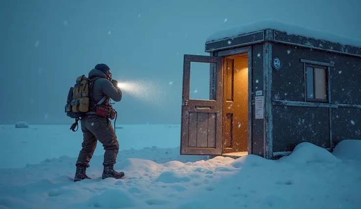 a man peering out of the door of a scientific research station during a snowstorm, hes shining a flashlight into the distance, dramatic lighting, cinematic atmosphere, muted tones, high detail, 8k,best quality,masterpiece,ultra-detailed,physically-based re...