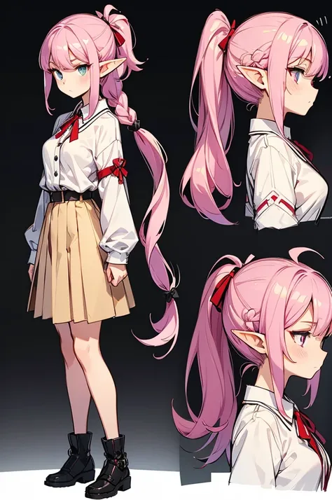  black background with spotlights, improve, Gal、  pointed ears、Elf、Wavy Hair、Braided Disheveled Hair ,  hair ornament、Half-up ponytail,Pink Hair,, white blouse ,  red ribbon,  beige cardigan ,  check skirt, medium breast,sketch ( character design sheet ,Ni...