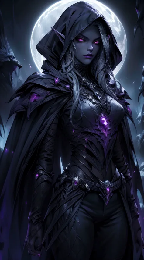 drow, female, pointed ears, long hair, wearing a hooded cape and a belt, gray skin, red eyes, and a mysterious expression while ...