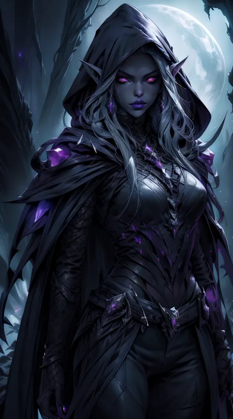 drow, female, pointed ears, long hair, wearing a hooded cape and a belt, gray skin, red eyes, and a mysterious expression while ...