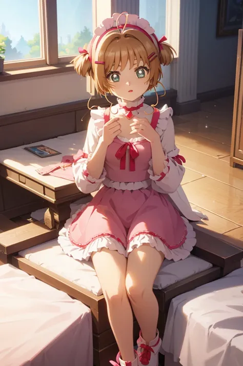 A beautiful lolita girl sitting in a room next to a window, anime girl, 20 years old girl, Kinomoto Sakura, bedroom, pastel color, pink two-piece frilly lingerie, beautiful sexy body, beautiful legs, full body, big rounds breasts, twintails, hairclip, pink...