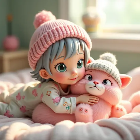 Create a 3D art toy image of a  girl with ash-gray short hair, wearing a pastel pink knit hat, with big turquoise eyes and a sweet smile. She is dressed in cartoon-patterned pajamas and is cuddling a 3D art toy of a long-haired cat with pink fur, a large h...