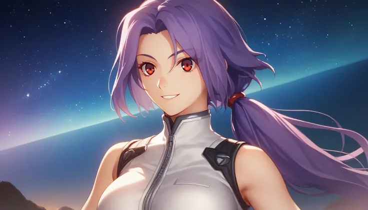  score_9,  score_8_up,  score_7_up, One Girl,smile, Hirokazu Koyama ,sexy, pixel perfect,Large Breasts,  anatomically correct,  masterpiece,Very sophisticated ,8k,(Fits the body,Rider Suit, sleeveless,),, Red eyes, ( Long Hair,  Purple Hair, Center-parted ...