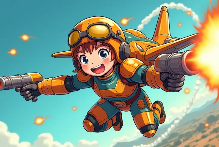 A colorful manga-style illustration of a 15-year-old boy personified from a fighter jet. The boy wears armor that mimics the surface of the fighter jet, with boosters attached to the wing parts on his back, allowing him to fly at sonic speed. His helmet an...