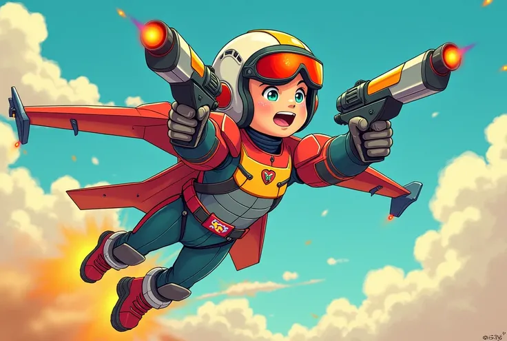 A colorful manga-style illustration of a 15-year-old boy personified from a fighter jet. The boy wears armor that mimics the surface of the fighter jet, with boosters attached to the wing parts on his back, allowing him to fly at sonic speed. His helmet an...