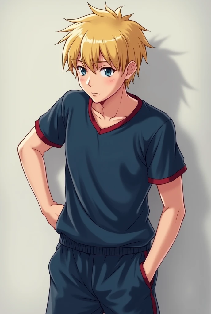  Make a blond teenage boy jerking off in school uniform wearing navy blue sports pants and blue chimba with red edges on the sleeves and bare collar realistic and with an erect penis outside, 15 centimeters  