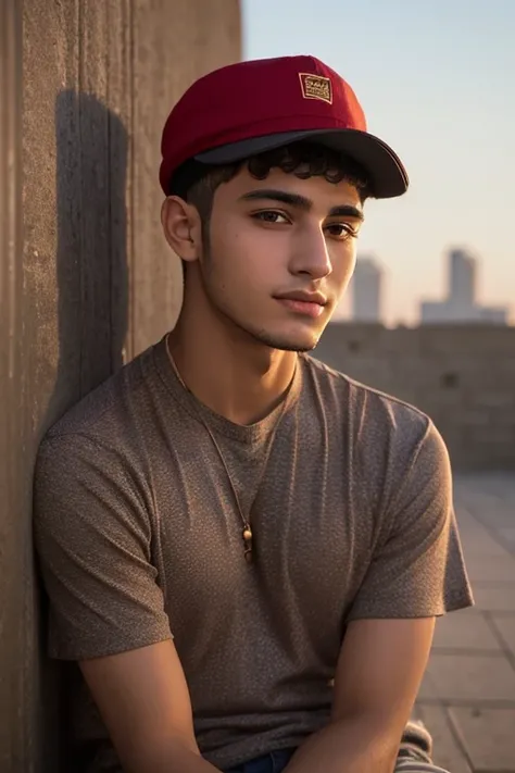  about 19 years old Arabic man in a red hat sitting in front of a wall, ヘッドショット Profile Picture , s ago,  half body headshot , 1 /  headshot 2 ,  , High-quality portraits, 1 /  4 headshot ,  Profile Picture ,  Profile Picture ,  headshot photography ,  goo...