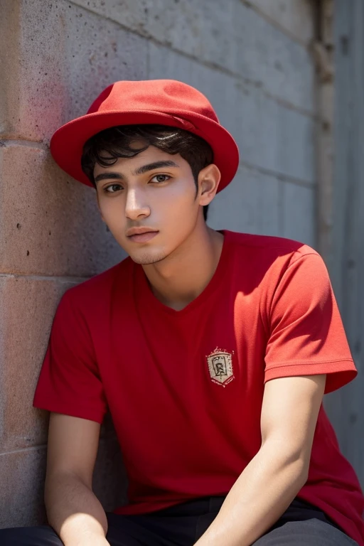  about 19 years old Arabic man in a red hat sitting in front of a wall, ヘッドショット Profile Picture , s ago,  half body headshot , 1 /  headshot 2 ,  , High-quality portraits, 1 /  4 headshot ,  Profile Picture ,  Profile Picture ,  headshot photography ,  goo...