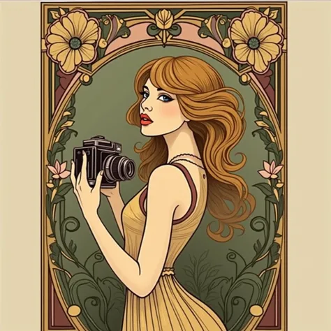 A vintage Art Nouveau-inspired logo design featuring a stylish woman facing forward, holding a vintage camera with both hands. She has a playful side glance, and one hand shows a pinky up gesture, symbolizing sophistication. The frame is straight and symme...