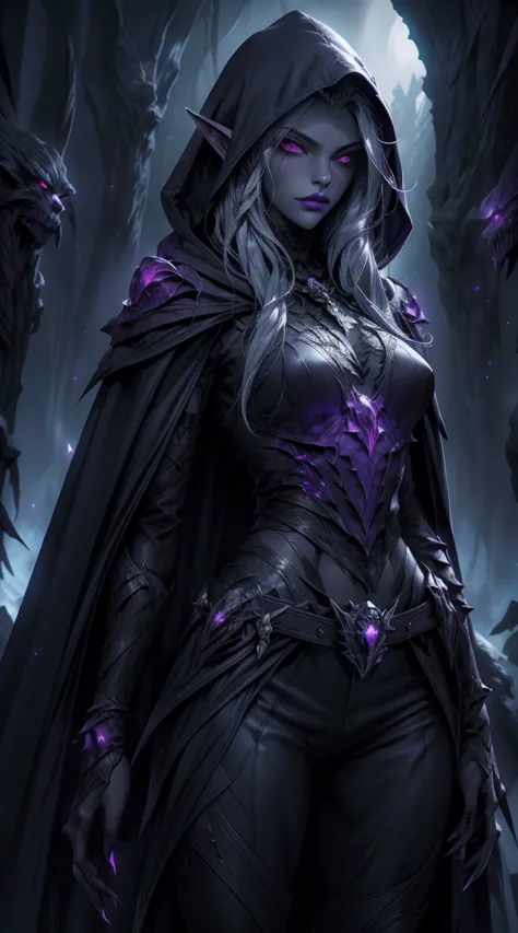 drow, female, pointed ears, long hair, wearing a hooded cape and a belt, gray skin, red eyes, and a mysterious expression while ...