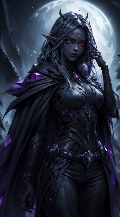 drow, female, pointed ears, long hair, wearing a hooded cape and a belt, gray skin, red eyes, and a mysterious expression while ...