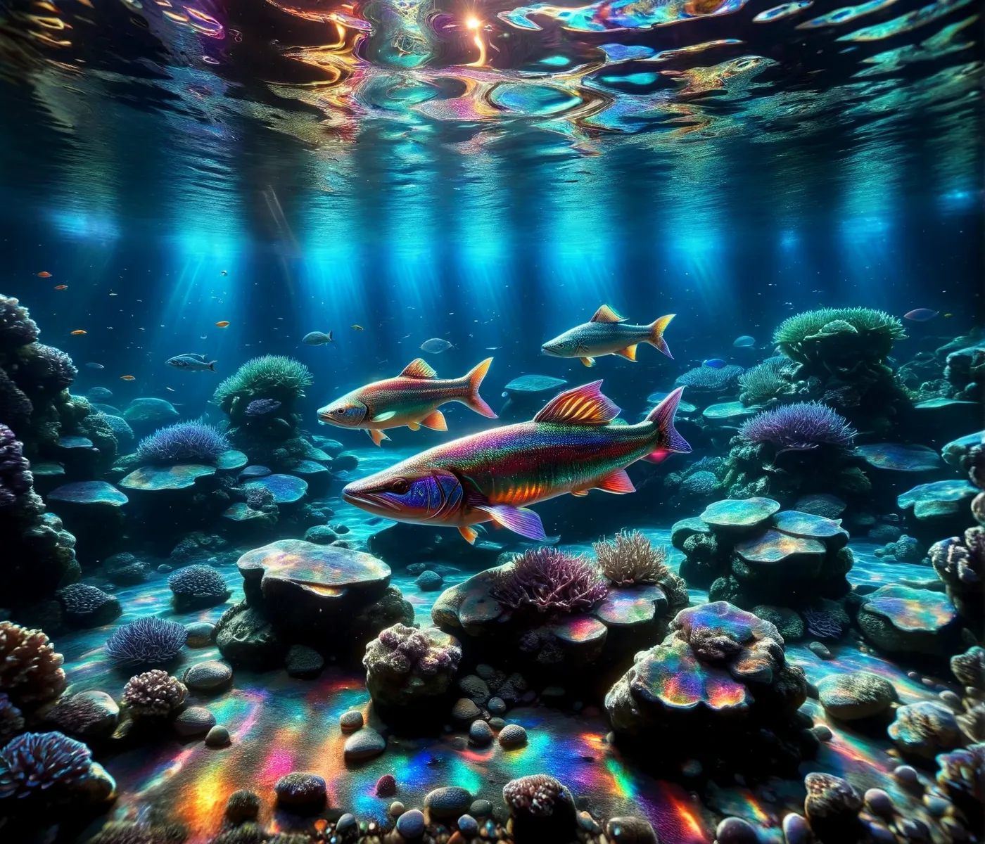 ais-rdscnt, aquarium, many colored fish,  a pike in the foreground, light beam, stones, water plants, corals,