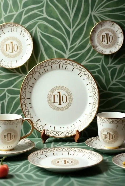 「Y.Cherish」Plate with logo ,  tableware with logo drawn in gold letters, Fresh green patterned tableware , platinum, Autumn-like tableware with ornate marks