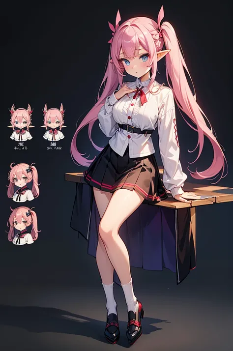  black background with spotlights, improve, Gal、  pointed ears、Elf、 long lashes、blue eyeliner 、Rouge Socks 、Wavy Hair、Braided Disheveled Hair ,  hair ornament、 Half Up Twintail,Pink Hair, white blouse ,  red ribbon,  beige cardigan ,  check skirt, medium b...