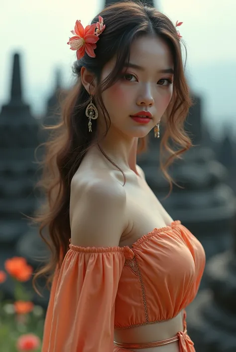  8k portrait of a beautiful brown-haired cyborg, ((Borobudur temple background)), photography, portrait of a beautiful_girl wearing a Balinese kebaya, skirt that is split above the hips, showing her vagina, slightly visible large round breasts, open chest,...