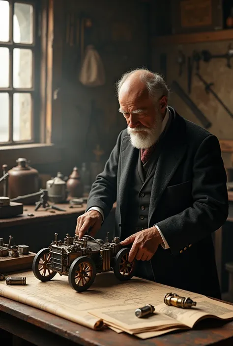 "A scene showing Henry Royce in his workshop in 1904, carefully assembling a car. The workshop is filled with tools, blueprints, and a partly built vehicle. The setting is dimly lit with natural light streaming in through an old window."