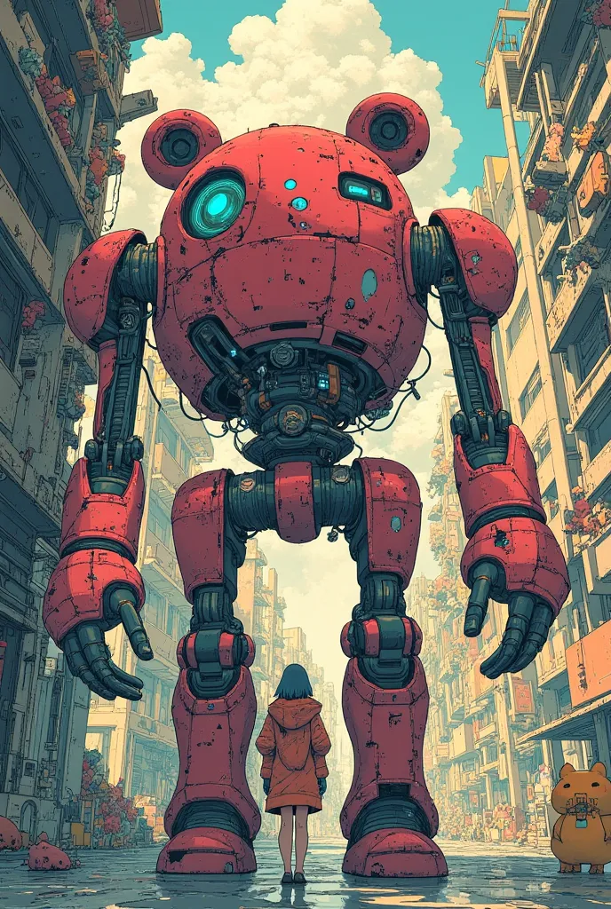  is a large, broken bear robot without one arm in a room full of toys、The  standing in front of him holding his arms 、 the  is holding the robot's arm 、 concept art by Android Jones,  Artstation contest winner ,   conceptual art  ,  there is only one robot  on the ground ,  robot monster in the background , Aesthetics of Anime Mecha, Mecha Art, Mechanical Aesthetics,  Glamorous Clothes  , Bastion game ,  indie game concept art ,  Video Game Concept Art 、 very detailed ,  Ultra High Definition, 