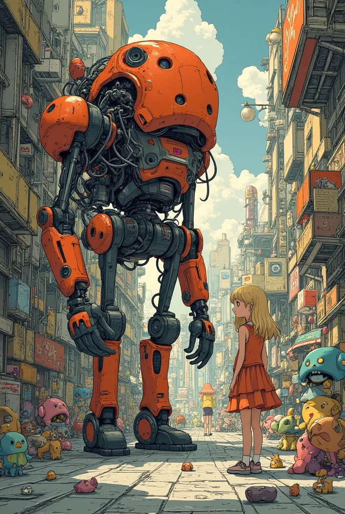  is a large, broken bear robot without one arm in a room full of toys、The  standing in front of him holding his arms 、 the  is holding the robot's arm 、 concept art by Android Jones,  Artstation contest winner ,   conceptual art  ,  there is only one robot  on the ground ,  robot monster in the background , Aesthetics of Anime Mecha, Mecha Art, Mechanical Aesthetics,  Glamorous Clothes  , Bastion game ,  indie game concept art ,  Video Game Concept Art 、 very detailed ,  Ultra High Definition, 