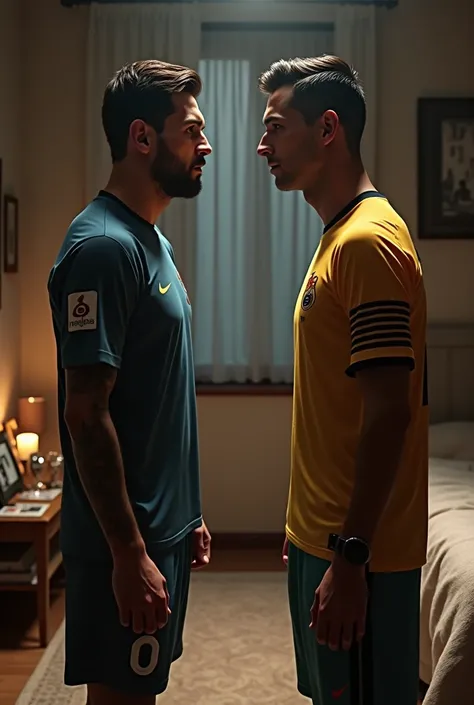 Messi and Ronaldo seeing each other face to face in cozy nedroom