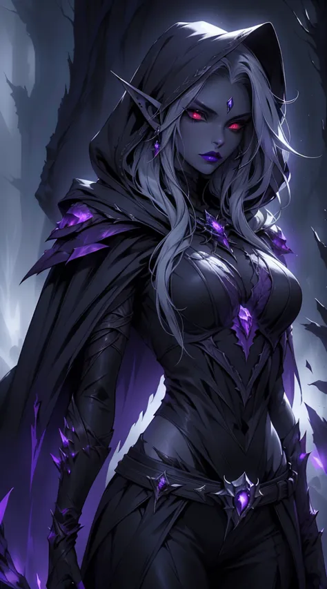 drow, female, pointed ears, long hair, wearing a hooded cape and a belt, gray skin, red eyes, and a mysterious expression while ...