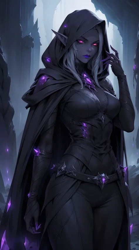 drow, female, pointed ears, long hair, wearing a hooded cape and a belt, gray skin, red eyes, and a mysterious expression while ...