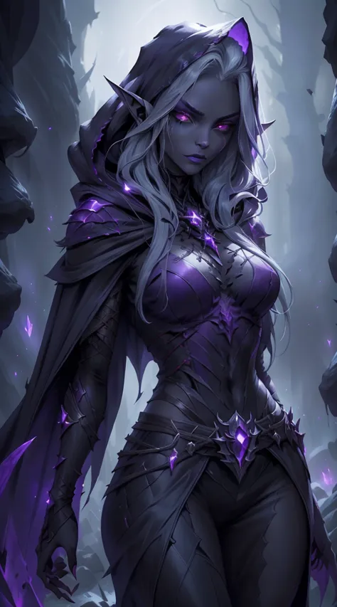 drow, female, pointed ears, long hair, wearing a hooded cape and a belt, gray skin, red eyes, and a mysterious expression while ...