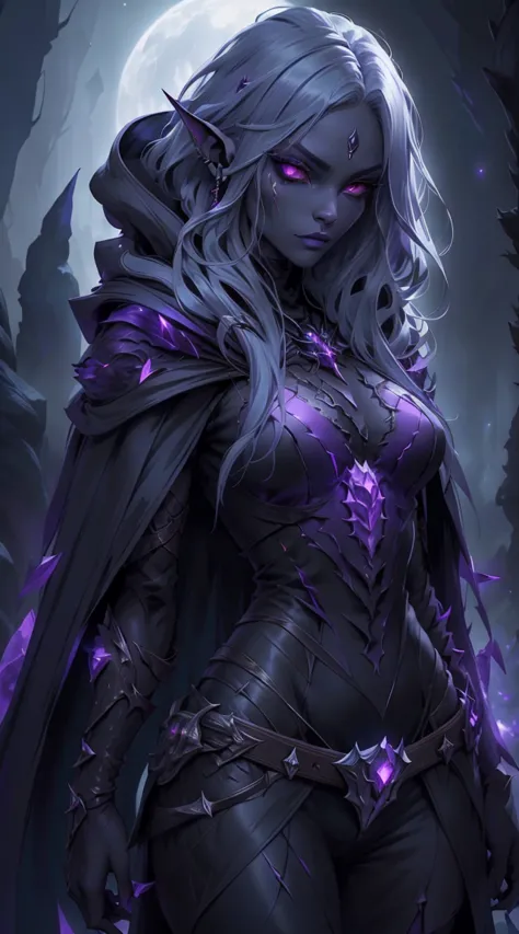 drow, female, pointed ears, long hair, wearing a hooded cape and a belt, gray skin, red eyes, and a mysterious expression while ...