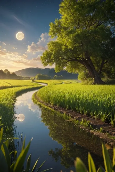  an old farmer is carrying a flat load, walking along winding path in countryside, Big Moon, Jupiter reflected , Big Clouds,  blue sky, Rice field, 整然としたRice fieldの稲苗, forest, hills, Secluded, countryside, 【HD Details,  HYPER DETAILS , membrane,  surrealis...