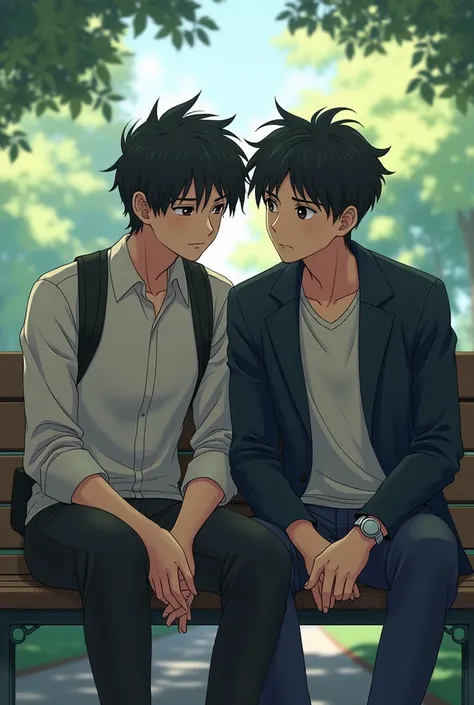 Two friend sitting on bench. One man is  sad and another man inspire and motivate talking to that that sad friend.  Anime pic look realistic