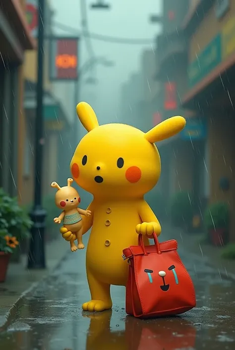 Yellow character with little doll and red bag with a crying face on a rainy day 