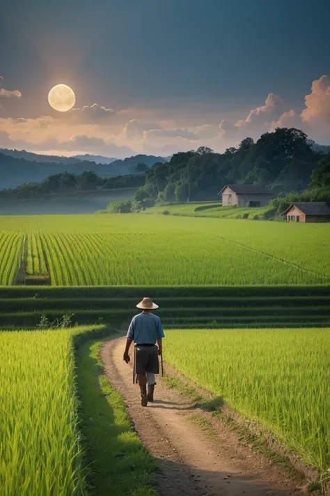  an old farmer is carrying a flat load, walking along winding path in countryside, Big Moon, Jupiter reflected , Big Clouds,  blue sky, Rice field, Rice seedlings in an orderly rice field, forest, hills, Secluded, countryside, 【HD Details,  HYPER DETAILS ,...