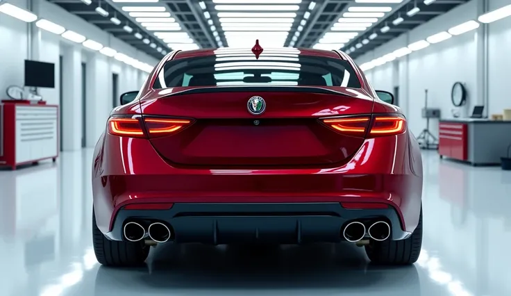 Create a hyper-realistic image of an Alfa Romeo Giulia in a high-end, futuristic automotive facility. The car is positioned for a dramatic rear view, highlighting its sleek and curvaceous red bodywork, with deep, glossy paint reflecting the bright overhead...