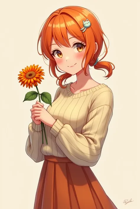  1 woman,  low twin tails,  orange hair, Cat Hair Clip,knit，long skirt，holding a gerbera flower，にっこり笑う, 