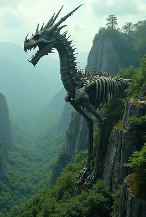 Make me a short video that transforms the bones of a huge dragon back to life in a vast forest with a natural view from the top of a mountain 