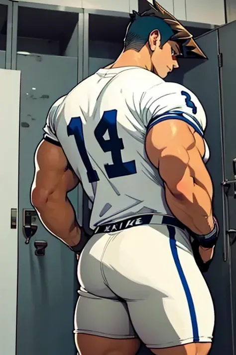 Seto Kaiba from Yu-Gi-Oh, bodybuilder, sweaty, defined body, big legs, locker room, leaning against the lockers, wearing football uniform, vapid stare, sweaty body, big bulging crotch, shoulder pads, football jersey, football cleats, football pants, hypnot...