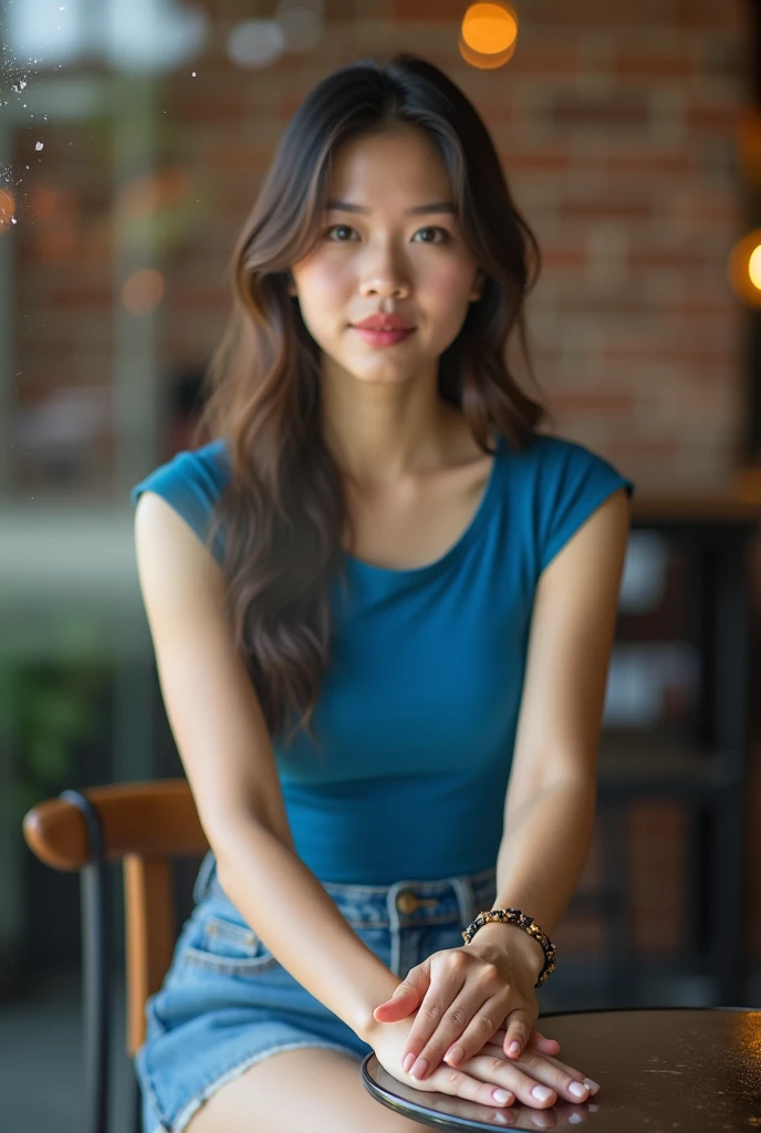 (Photo taken through clear glass and water drops on the glass: 1.2) Beautiful Thai woman putting her hands on the table, sitting on a bar stool, clear glass table, blue tight sleeveless round neck t-shirt, long hair, short blue denim skirt, wearing a brace...