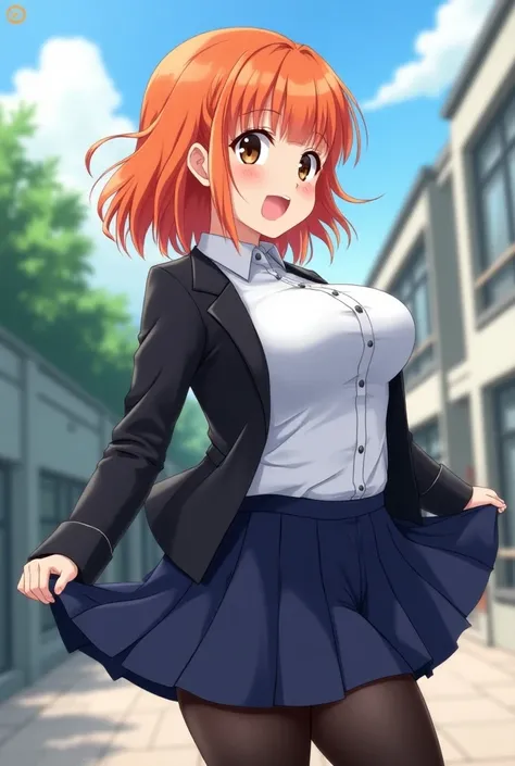 Athletic anime girl, with a curvy figure, Her hair is bright orange and short., with straight bangs and layered hairstyle. Her eyes are dark brown and almond-shaped., wears a standard school uniform, which consists of a white shirt, a black jacket and a na...